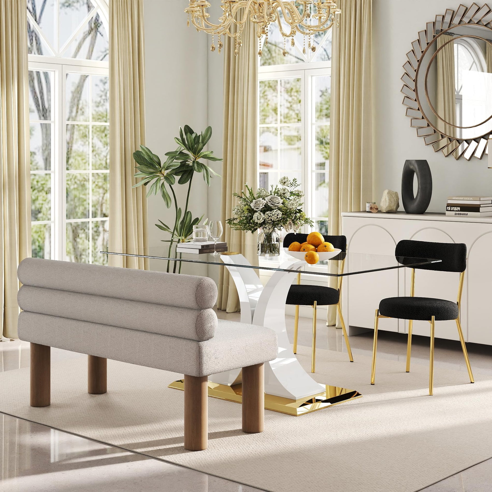 Glass Dining Table Set with Bouclé Chairs & Bench
