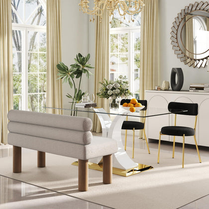 Glass Dining Table Set with Bouclé Chairs & Bench