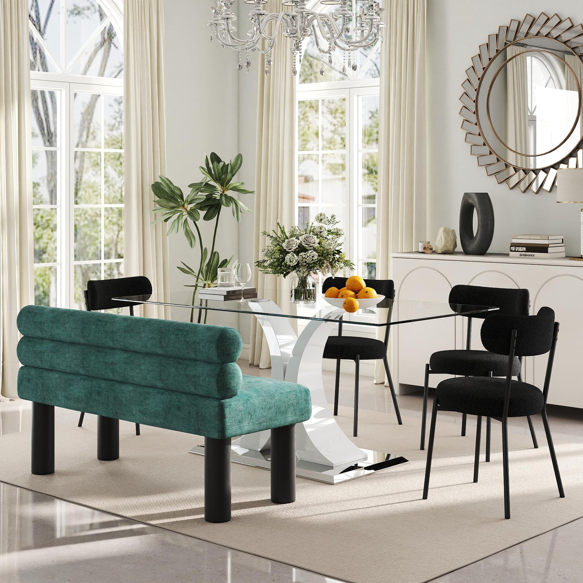 Glass Dining Table Set with Bouclé Chairs & Bench