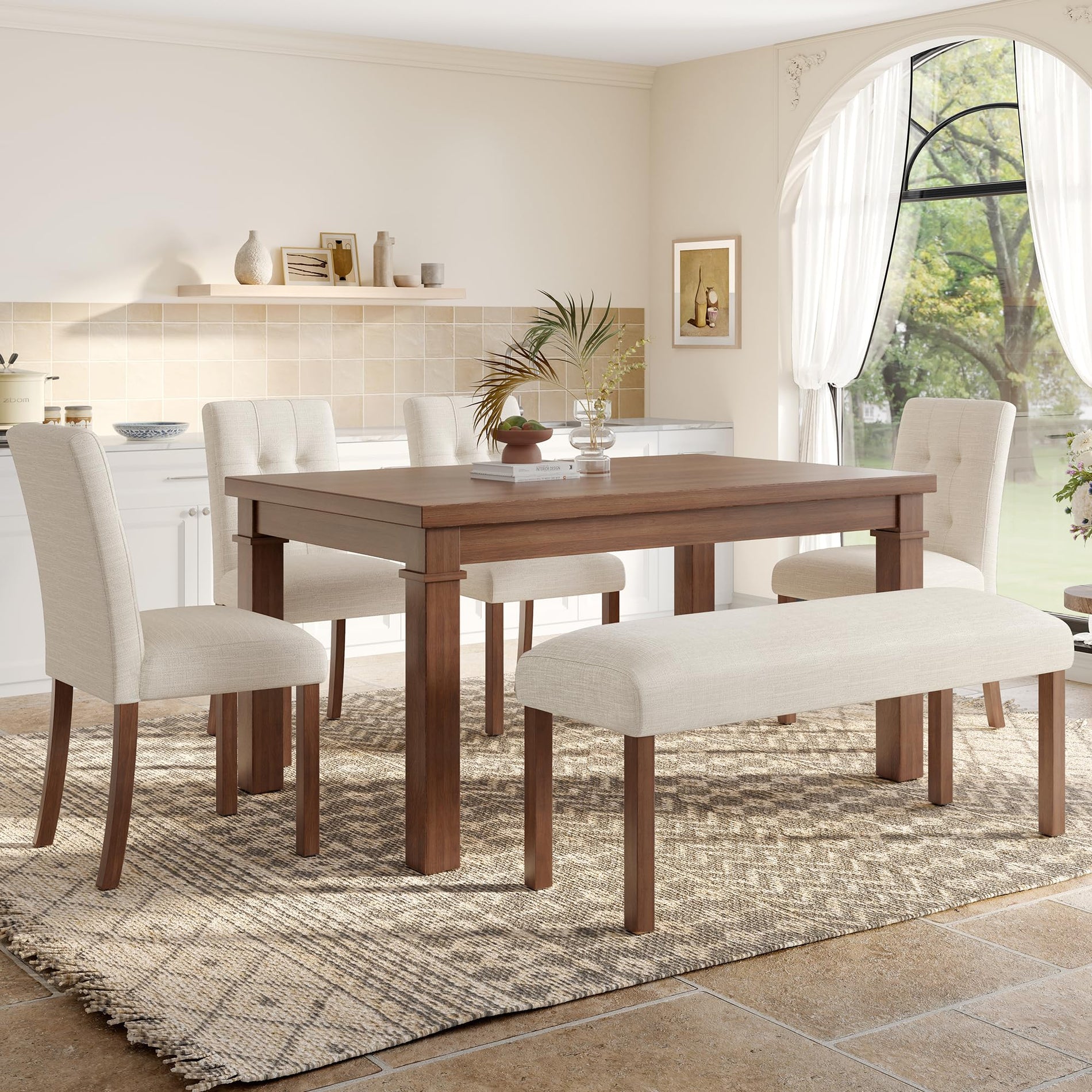 6-Piece Dining Table Set with 4 Upholstered Chairs & Bench