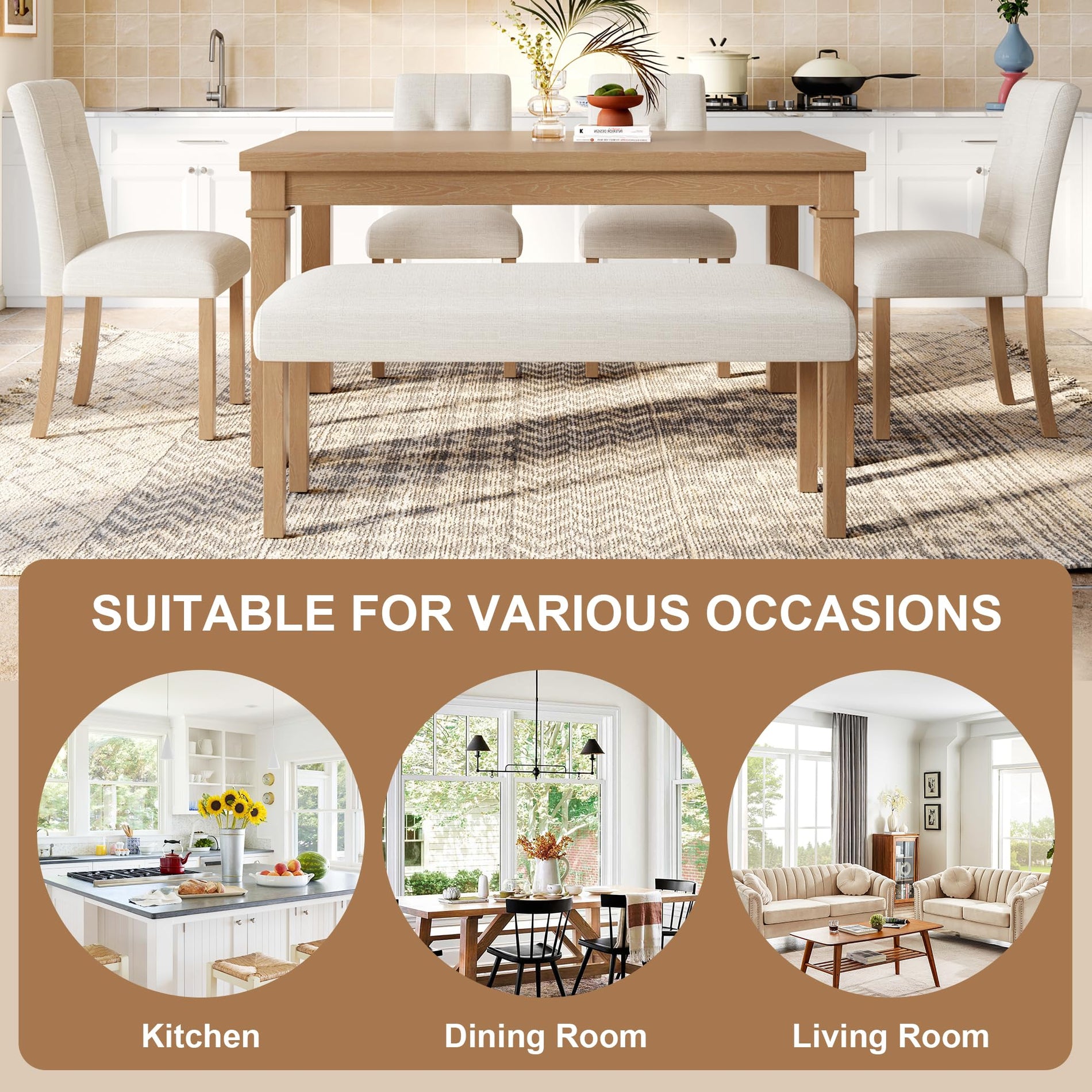 6-Piece Dining Table Set with 4 Upholstered Chairs & Bench
