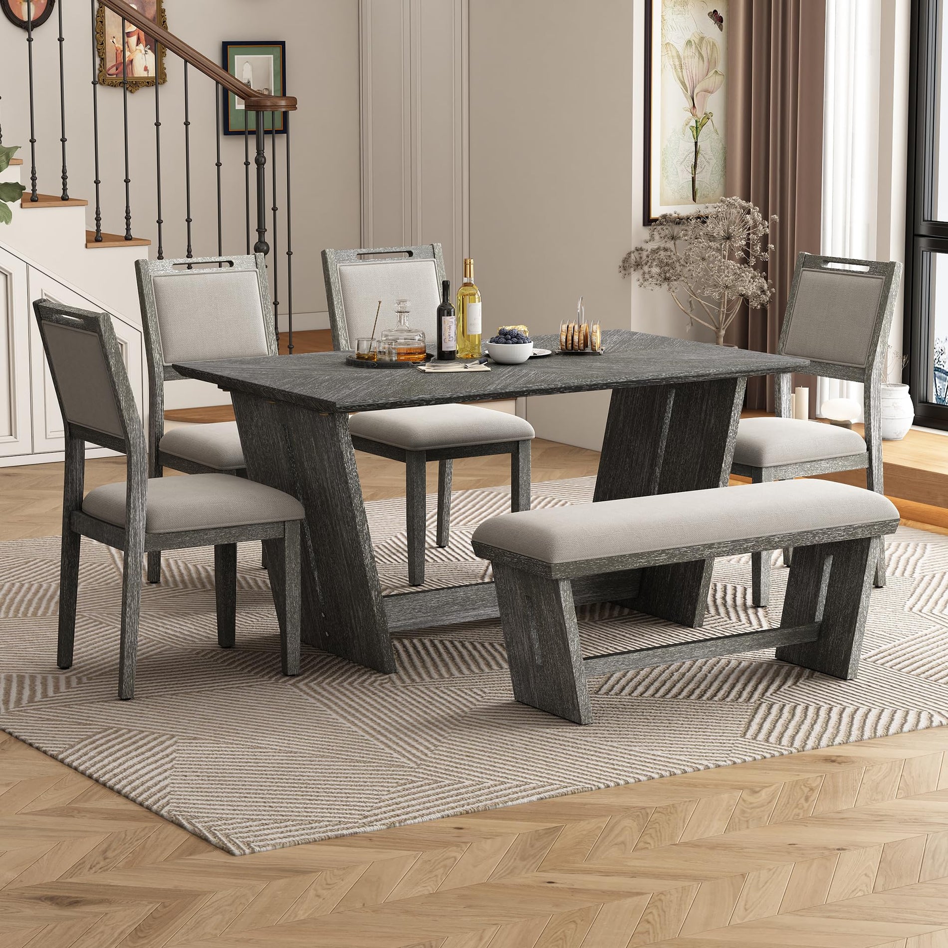 6-Piece Dining Table Set with 4 Chairs & Bench