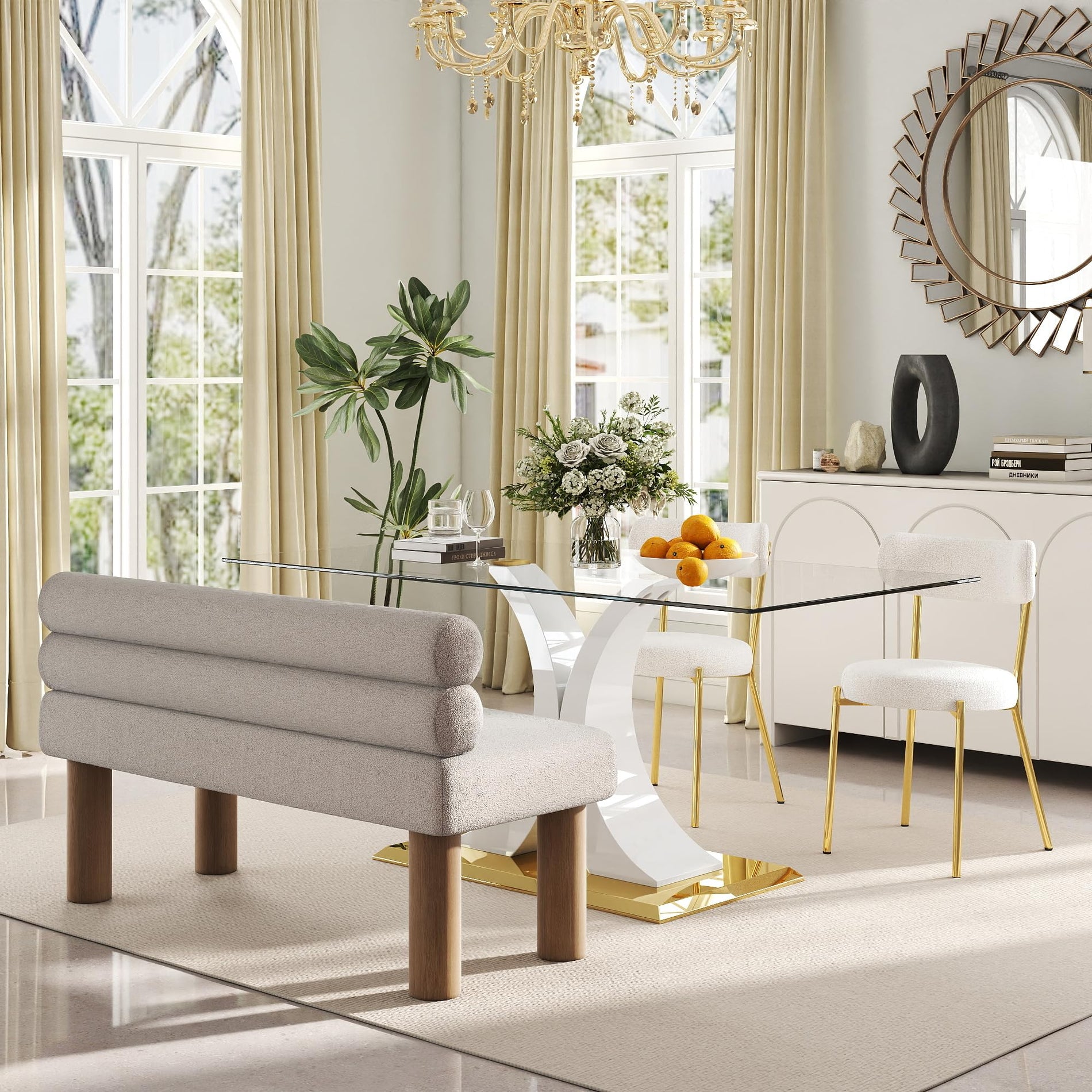 Glass Dining Table Set with Bouclé Chairs & Bench