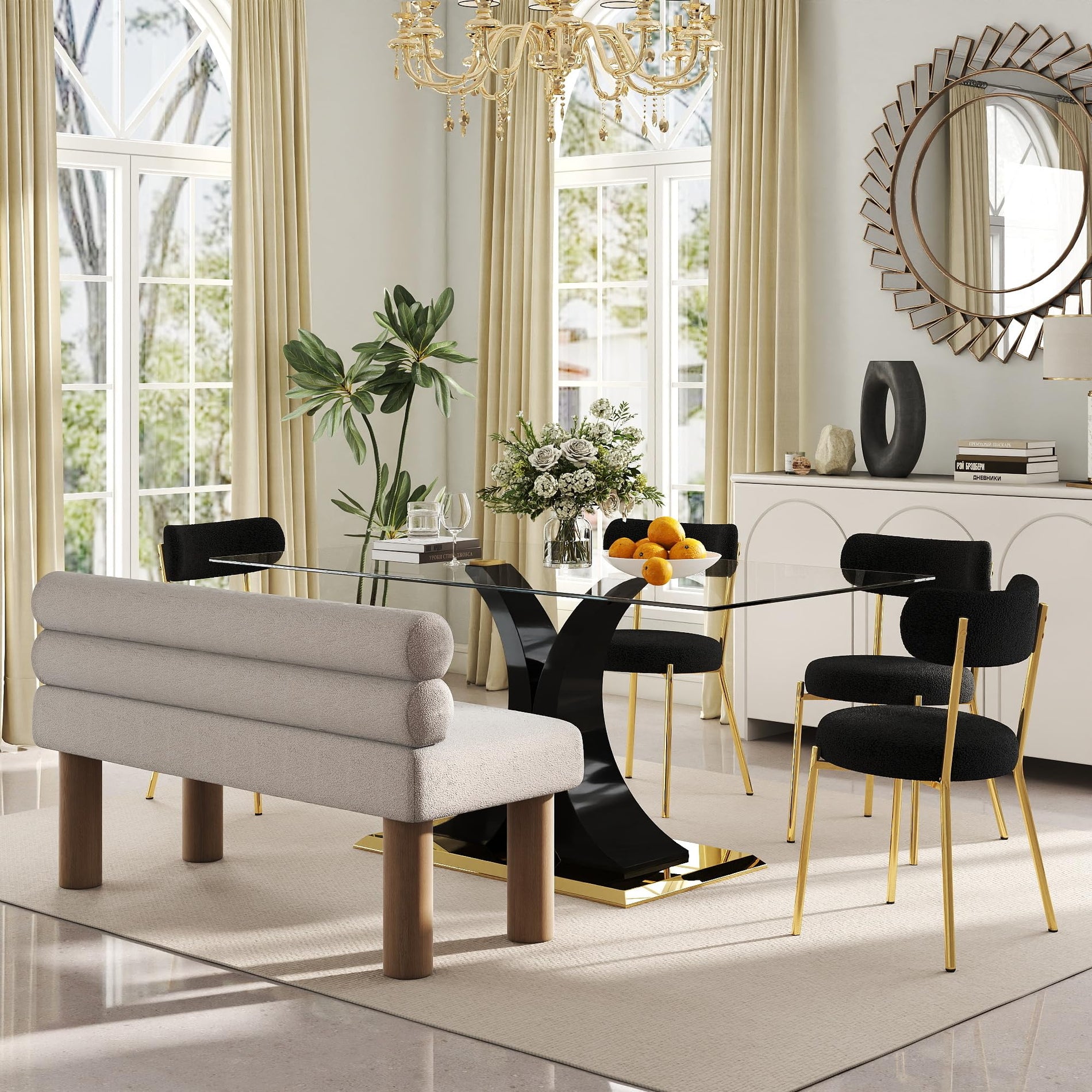 Glass Dining Table Set with Bouclé Chairs & Bench