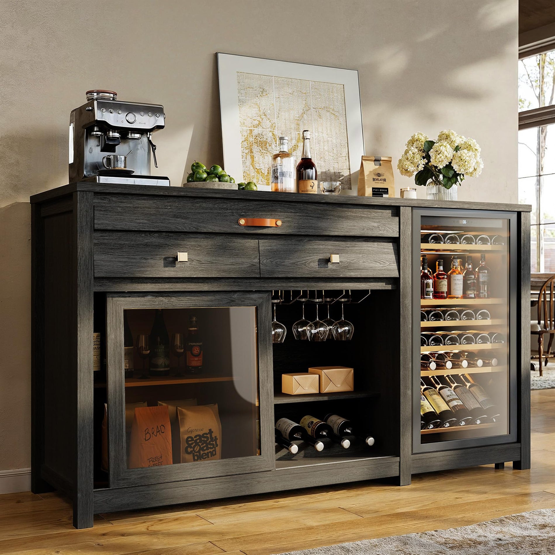 Coffee Bar Cabinet with Fridge Space, Wine Rack & Storage