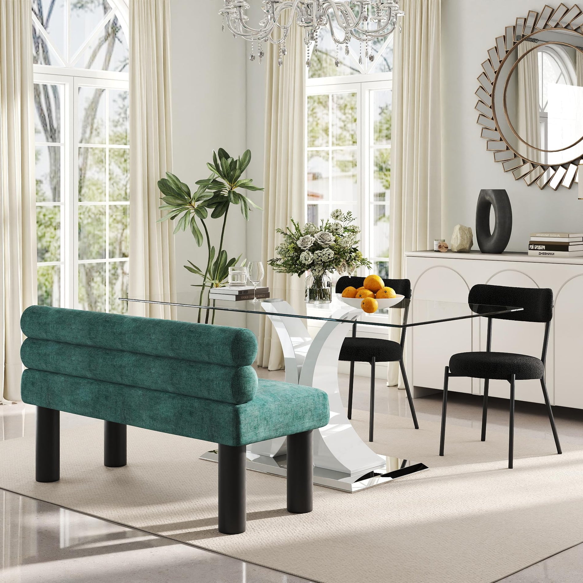 Glass Dining Table Set with Bouclé Chairs & Bench