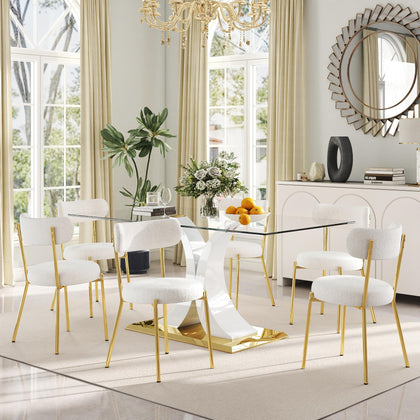 Glass Dining Table Set with Bouclé Chairs & Bench