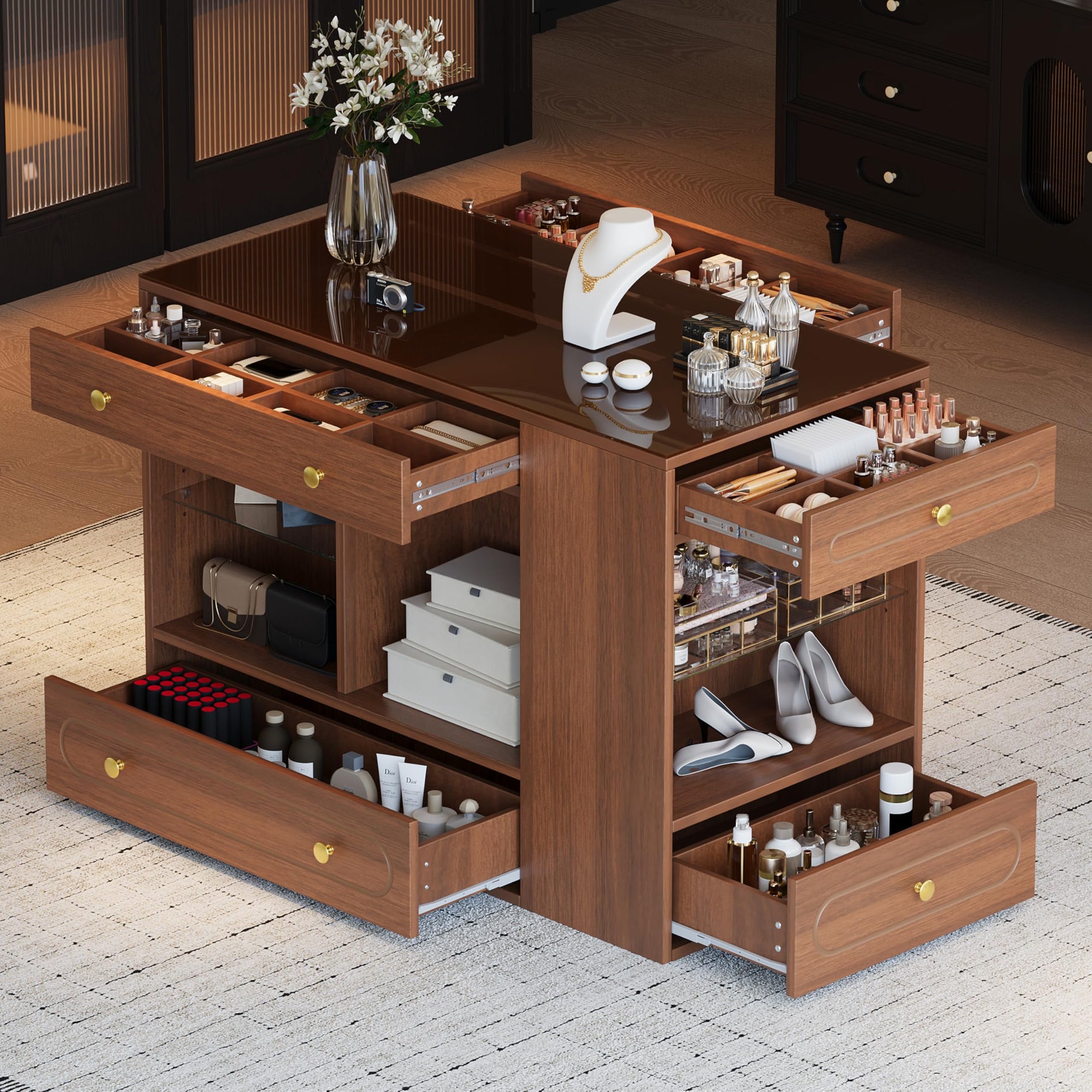 Closet Island with Glass Top, 6 Drawers & Open Shelves