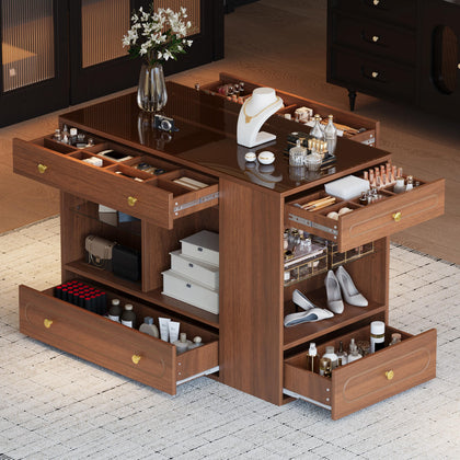 Closet Island with Glass Top, 6 Drawers & Open Shelves