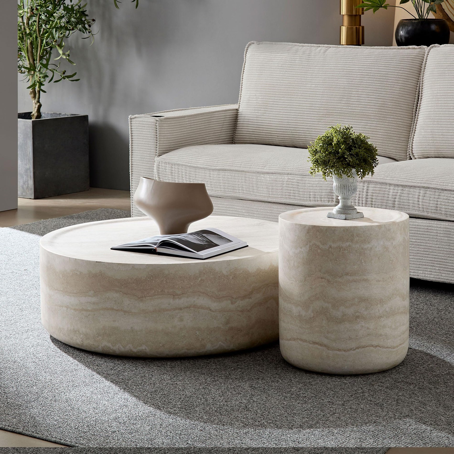 Set of 2 Faux Travertine Round Coffee & Side Tables