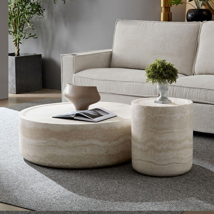 Set of 2 Faux Travertine Round Coffee & Side Tables