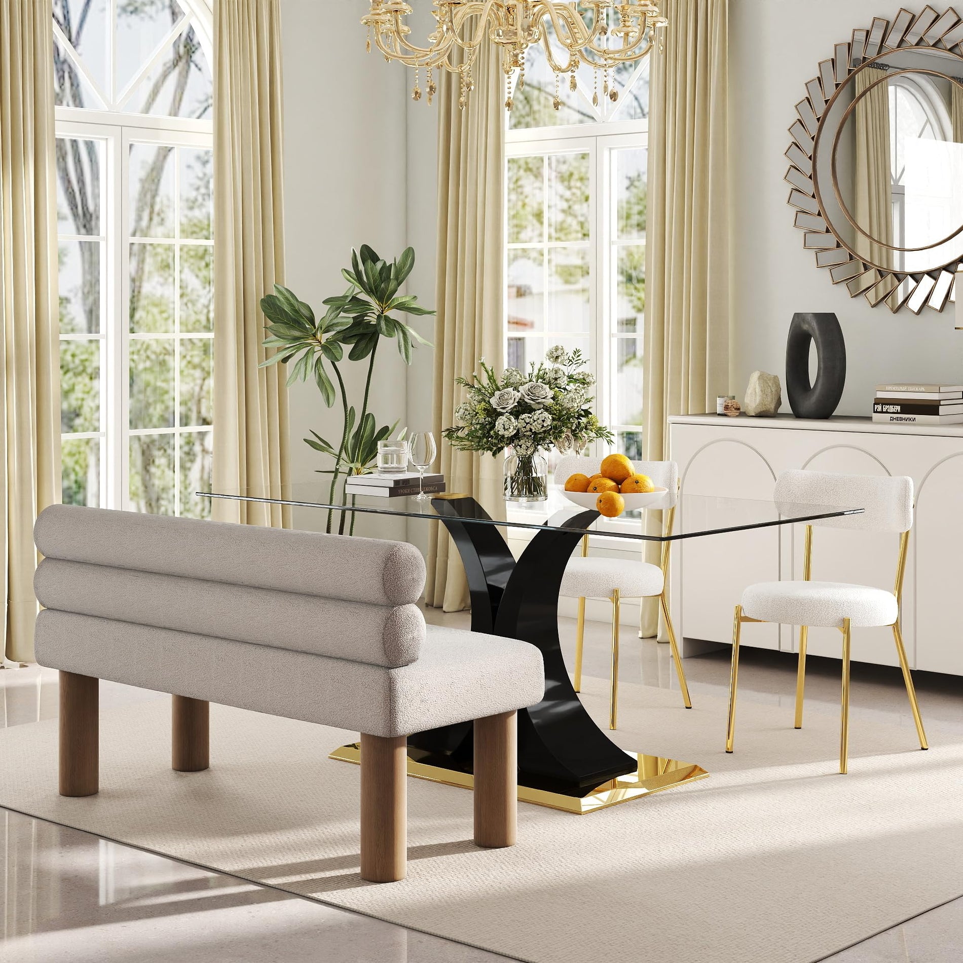 Glass Dining Table Set with Bouclé Chairs & Bench