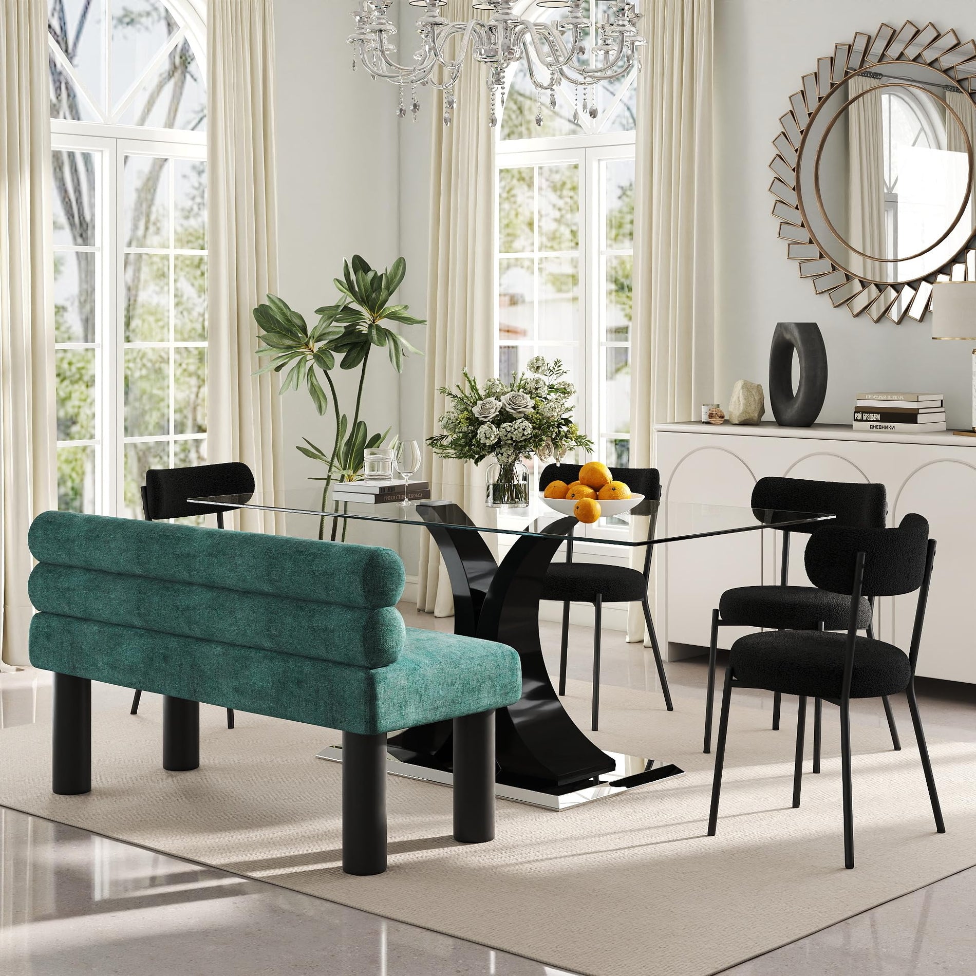 Glass Dining Table Set with Bouclé Chairs & Bench