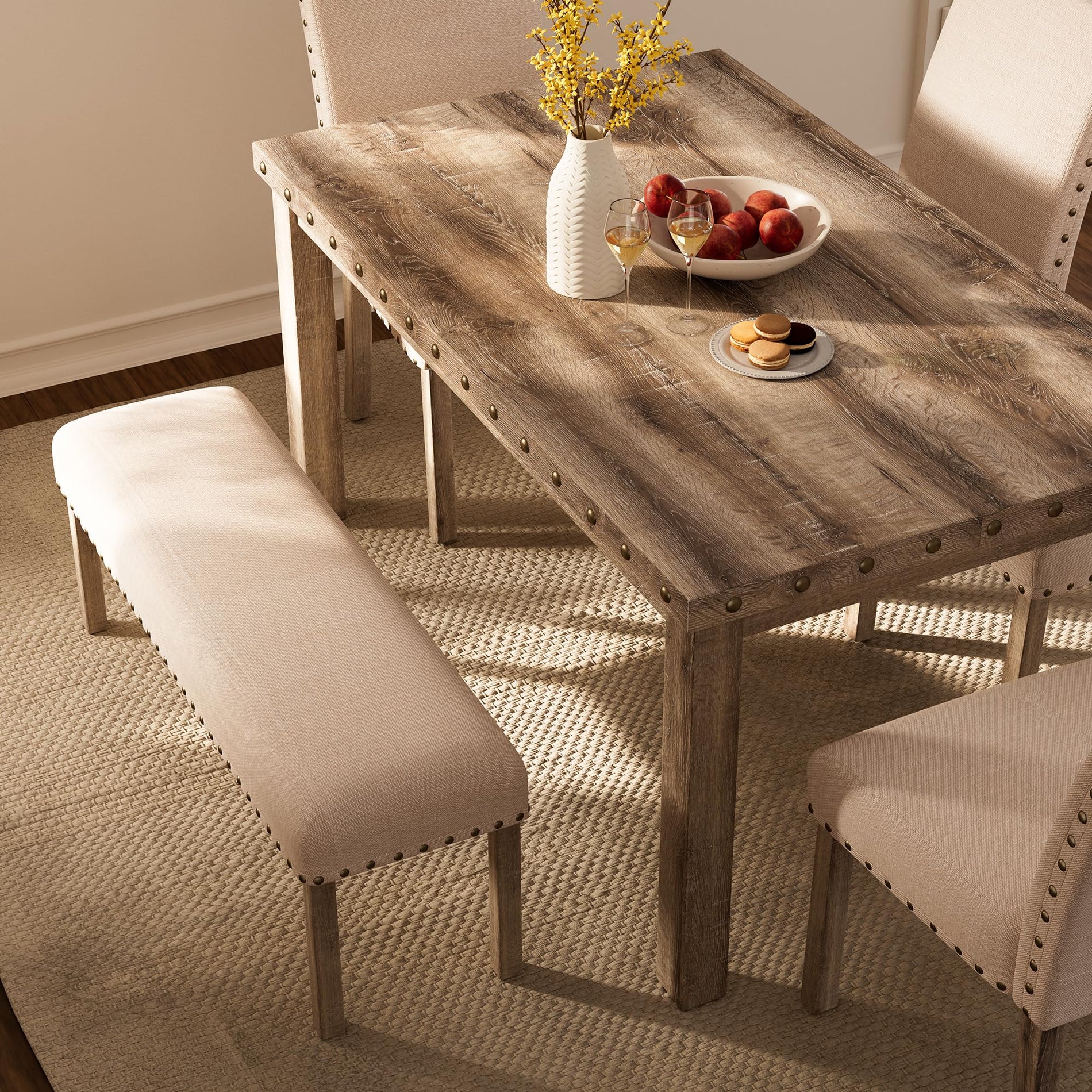 Farmhouse Dining Table Set with 4 Chairs & Bench