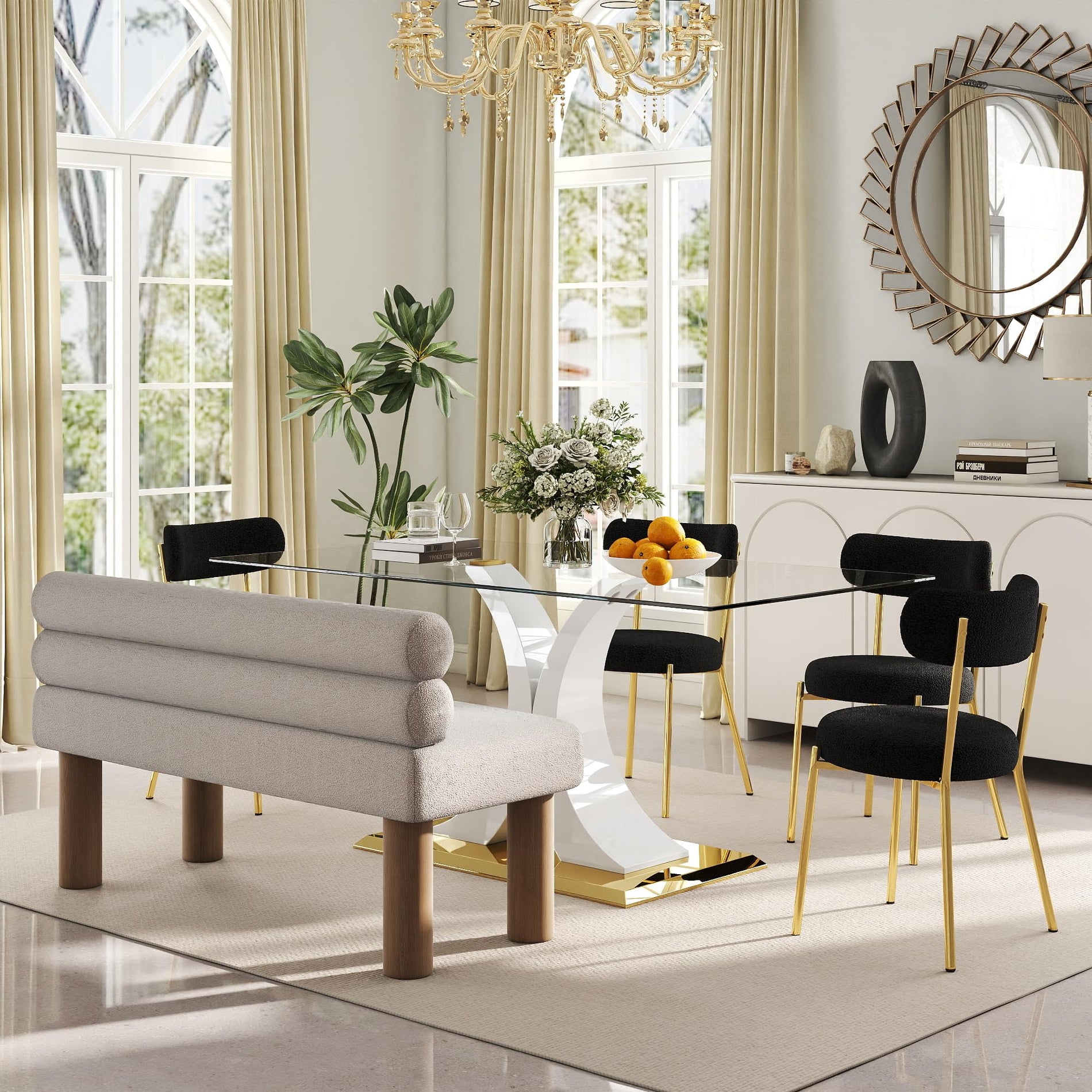 Glass Dining Table Set with Bouclé Chairs & Bench