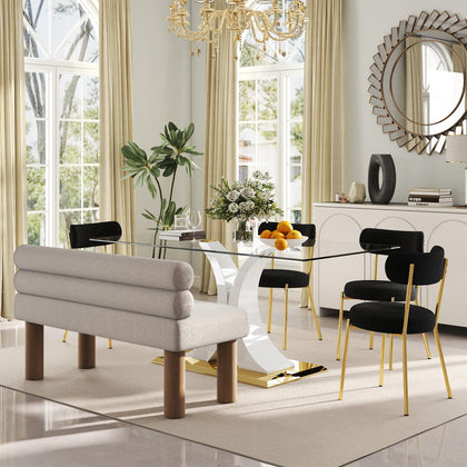 Glass Dining Table Set with Bouclé Chairs & Bench