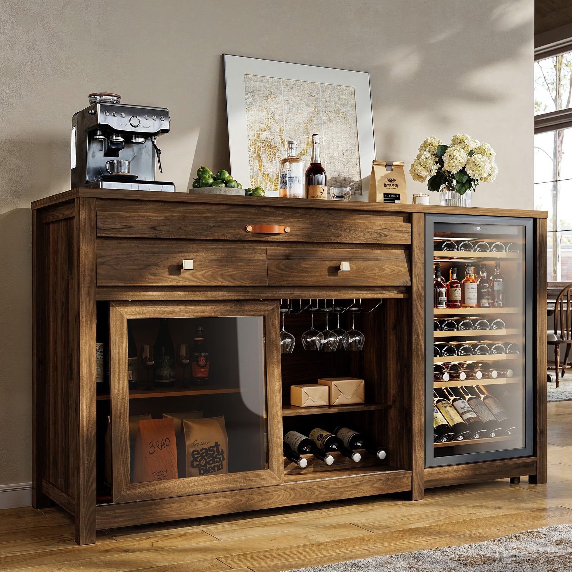 Coffee Bar Cabinet with Fridge Space, Wine Rack & Storage