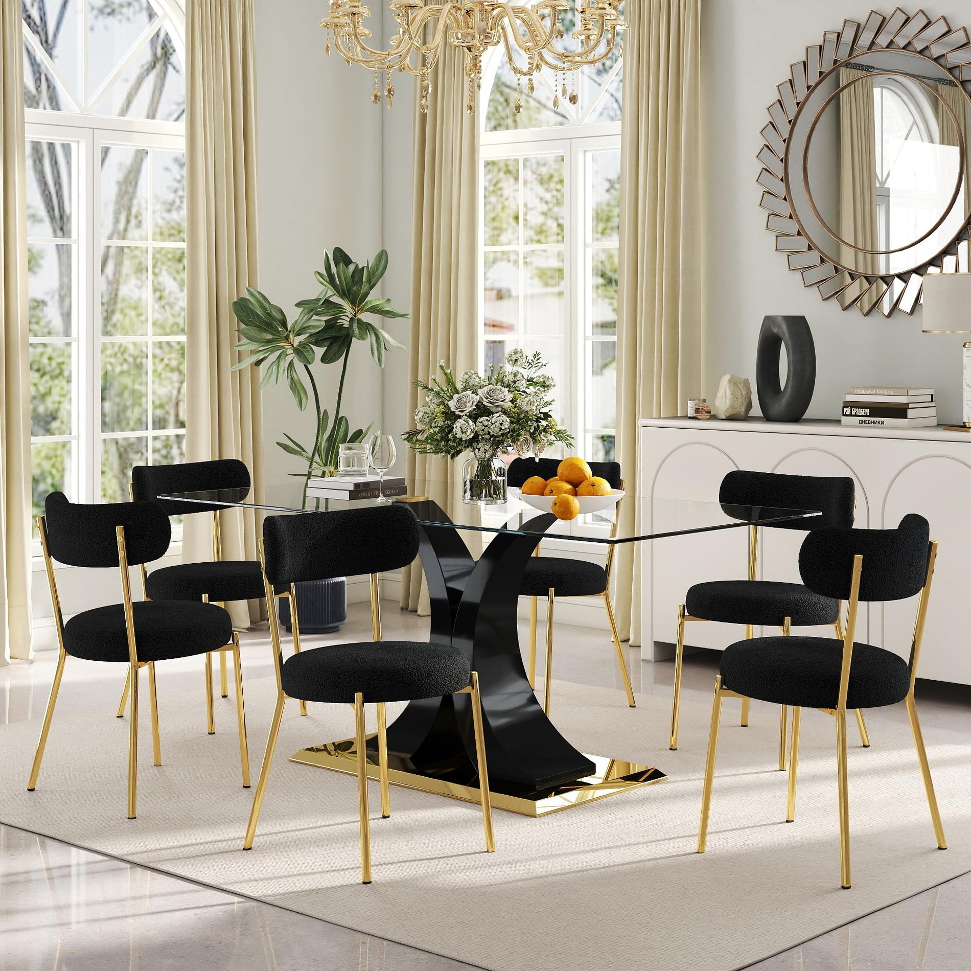 Glass Dining Table Set with Bouclé Chairs & Bench