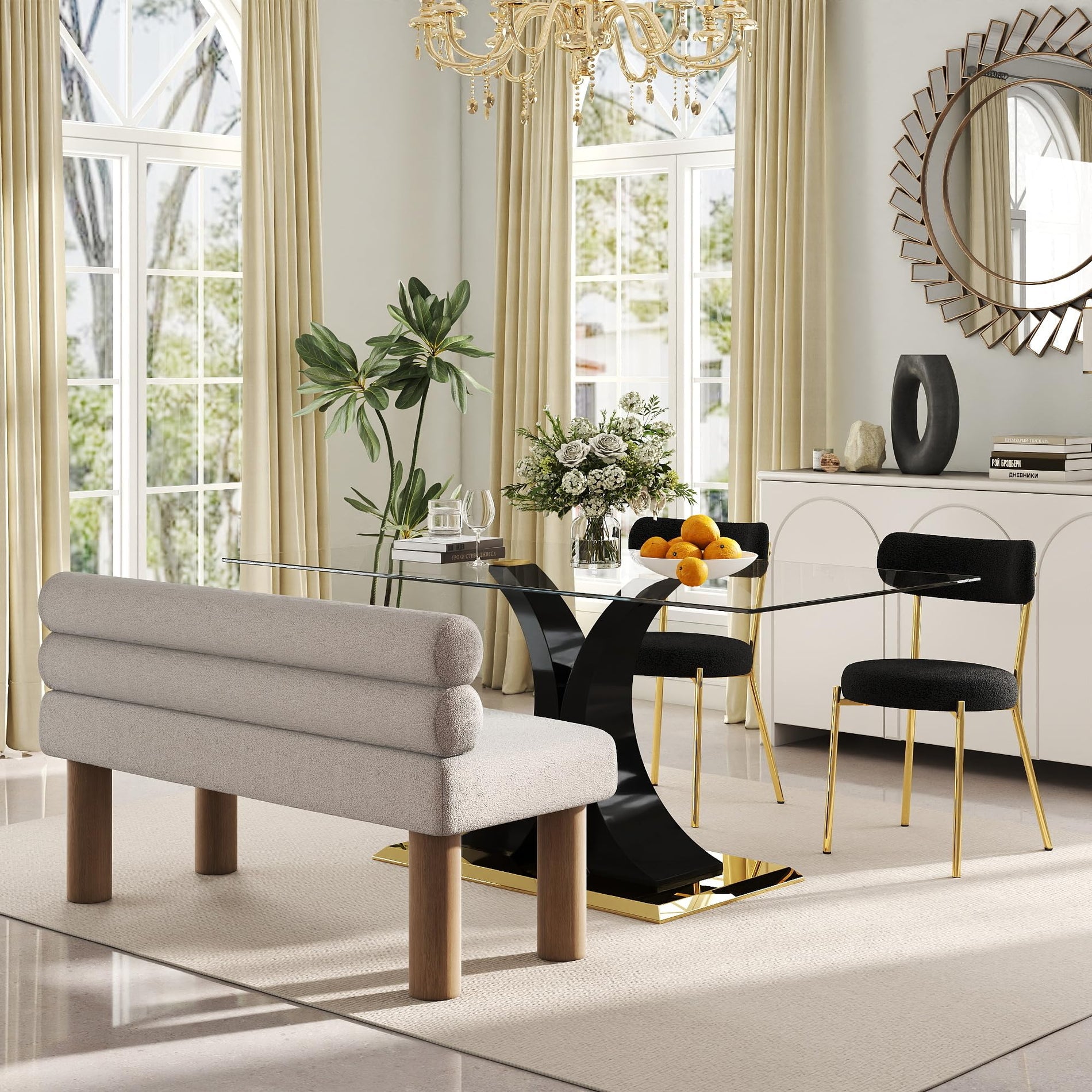 Glass Dining Table Set with Bouclé Chairs & Bench