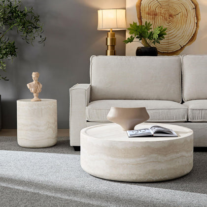 Set of 2 Faux Travertine Round Coffee & Side Tables