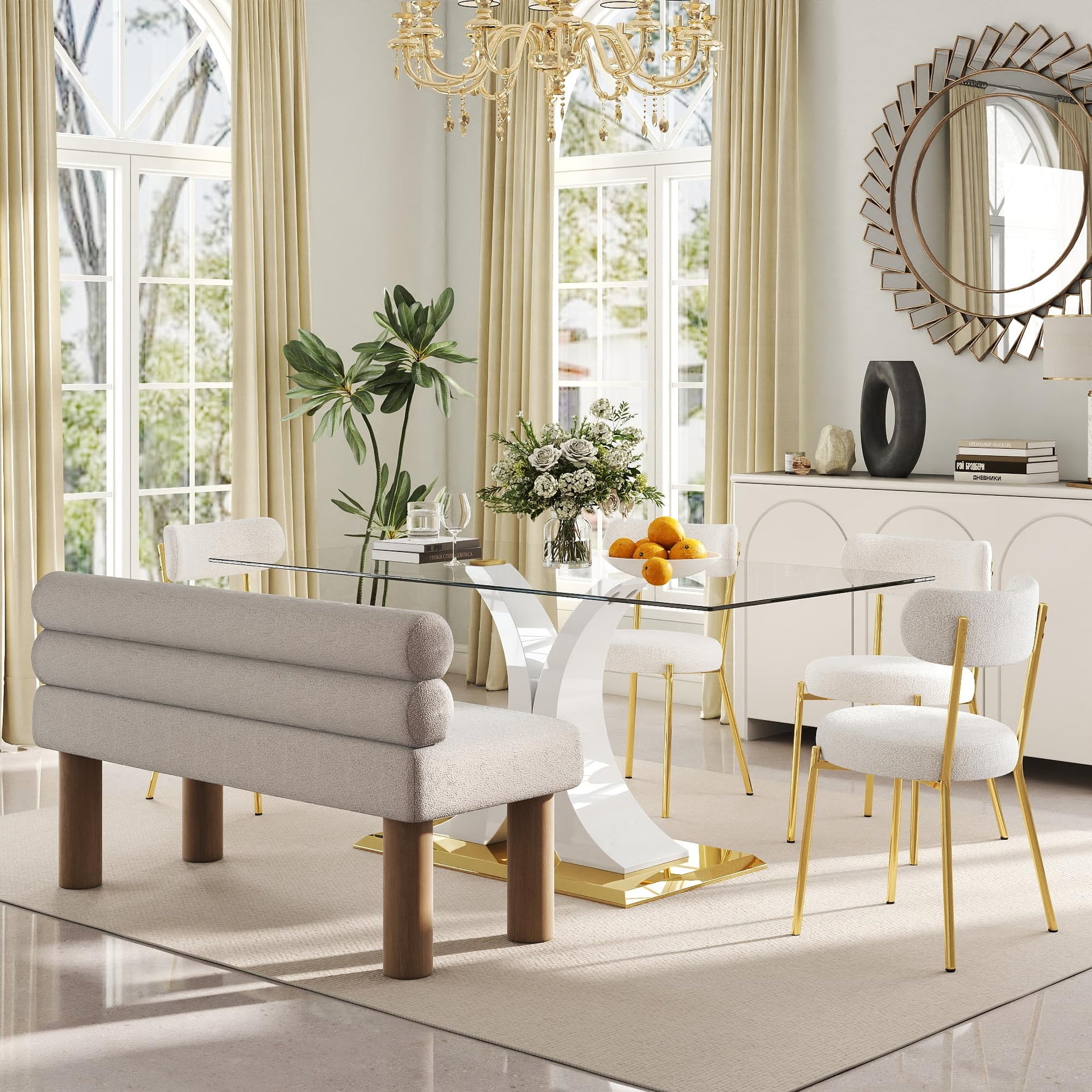 Glass Dining Table Set with Bouclé Chairs & Bench