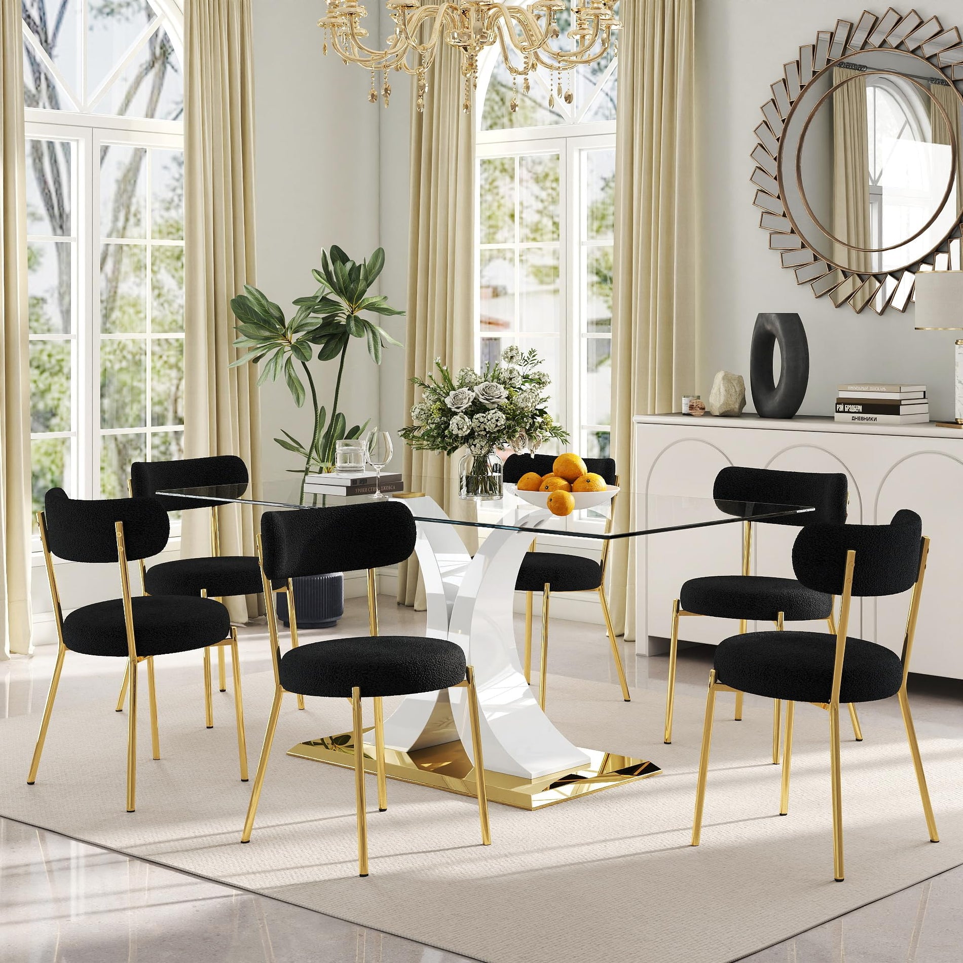 Glass Dining Table Set with Bouclé Chairs & Bench