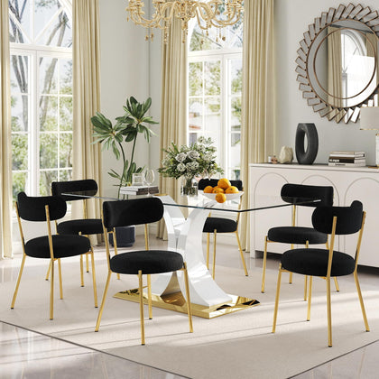 Glass Dining Table Set with Bouclé Chairs & Bench