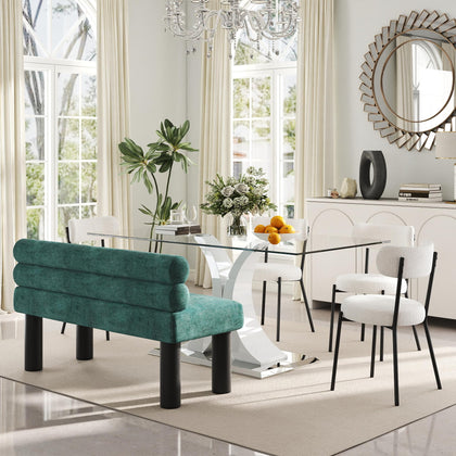Glass Dining Table Set with Bouclé Chairs & Bench