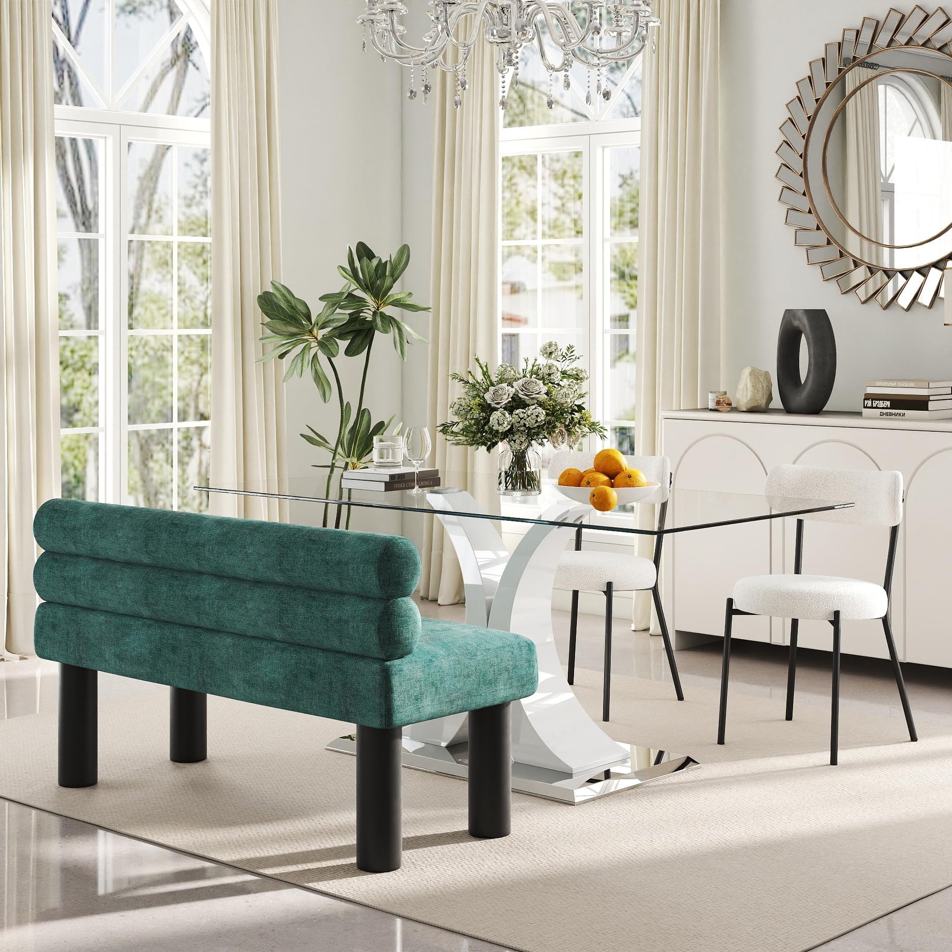 Glass Dining Table Set with Bouclé Chairs & Bench