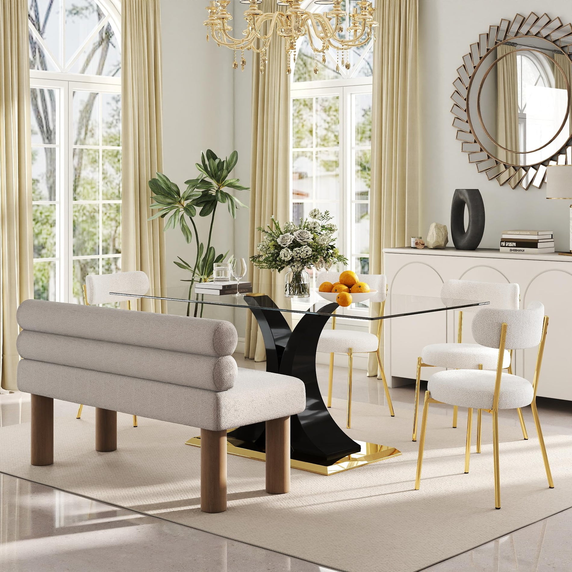 Glass Dining Table Set with Bouclé Chairs & Bench