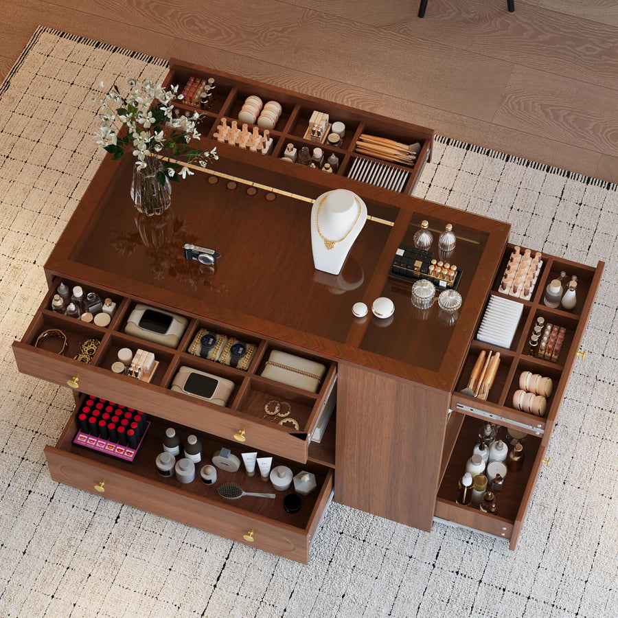Closet Island with Glass Top, 6 Drawers & Open Shelves