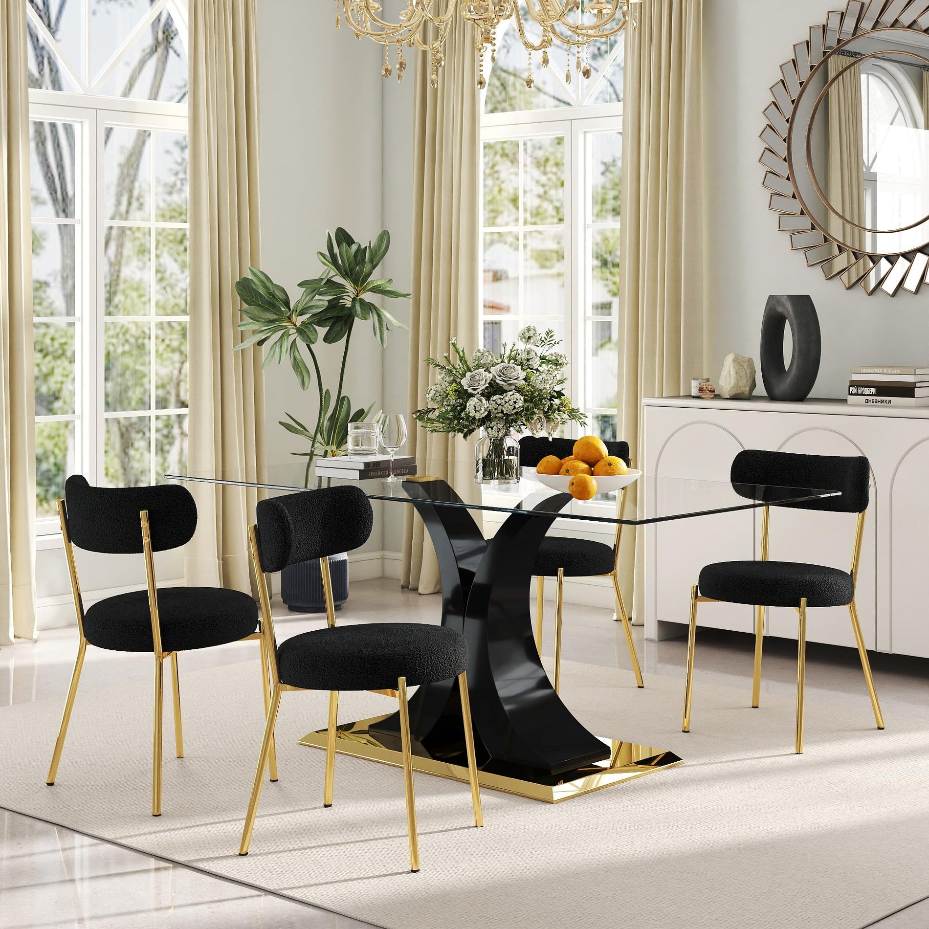Glass Dining Table Set with Bouclé Chairs & Bench