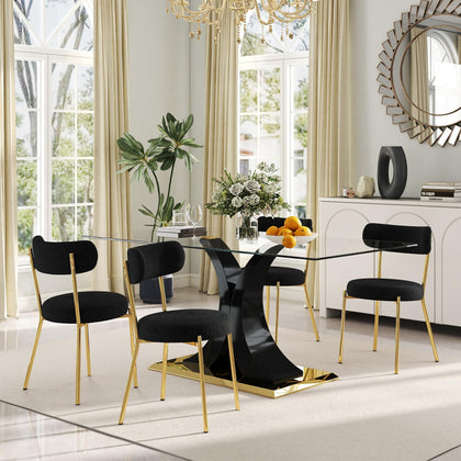 Glass Dining Table Set with Bouclé Chairs & Bench