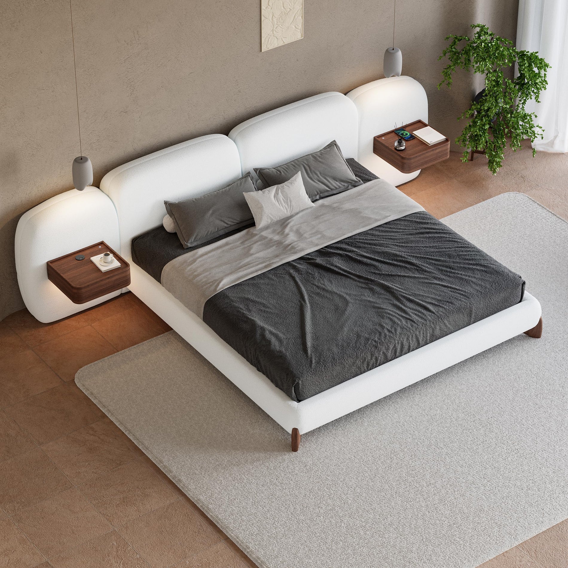 Bouclé Platform Bed Set with Smart Nightstands